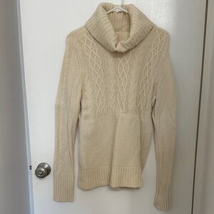 Beige Cable Knit Turtleneck Wool Blend Sweater